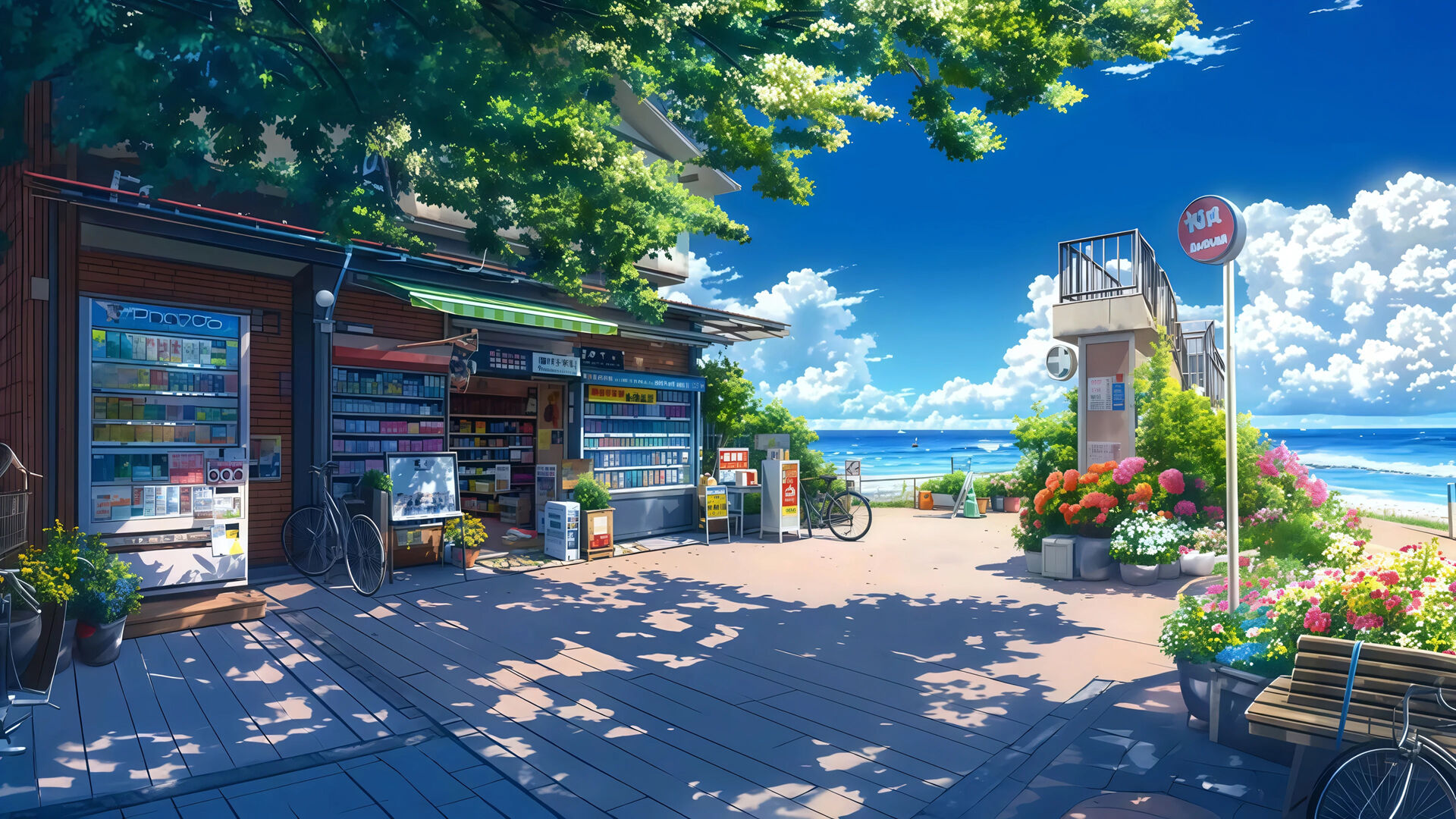 海边小店 树荫 鲜花 风景桌面壁纸_彼岸壁纸.jpg