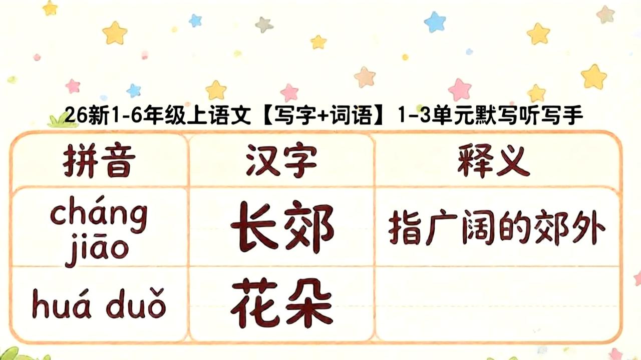 26新1-6年级上语文【写字+词语】1~3单元默写听写 含答案