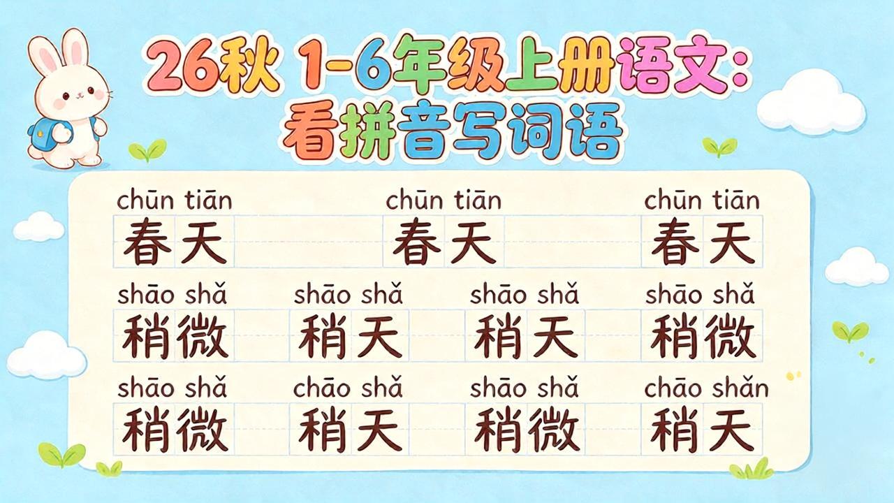 26秋1-6年级上册语文看拼音写词语(词语表默写)含答案
